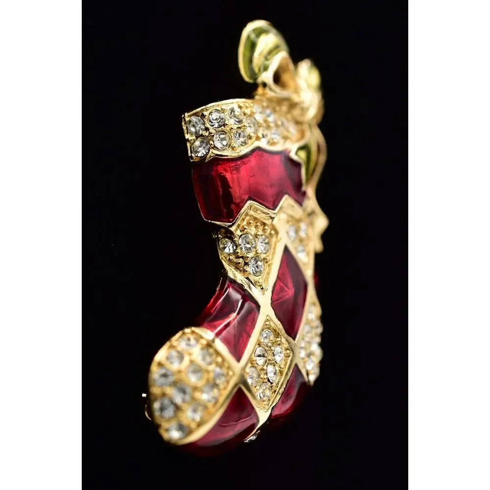 Monet Vintage Christmas Stocking Pin Brooch Red Enamel Bow Crystal Signed BinBG